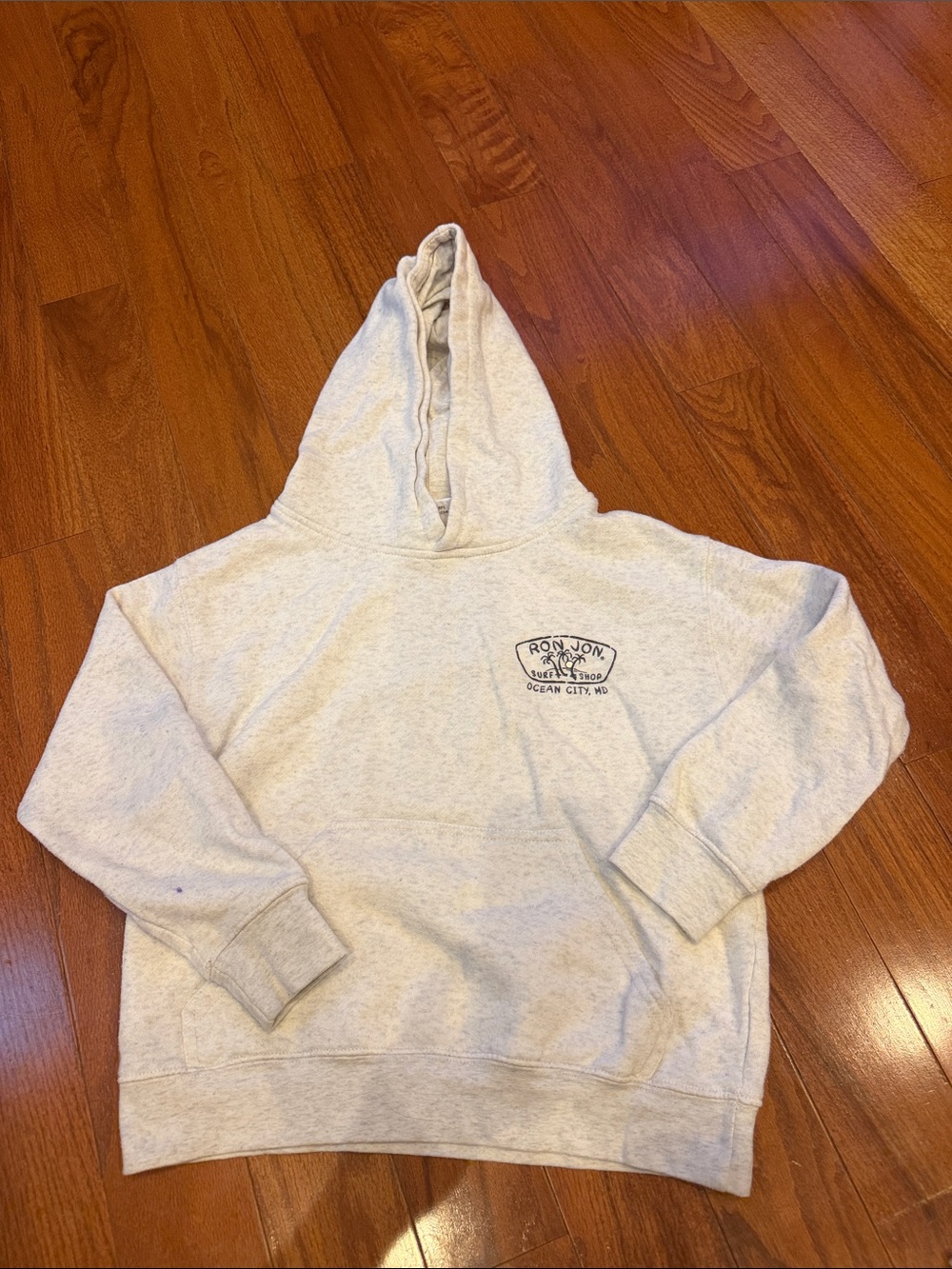 Ron Jon Light Heather Gray Pullover Hoodie with Chest Logo and back graphic